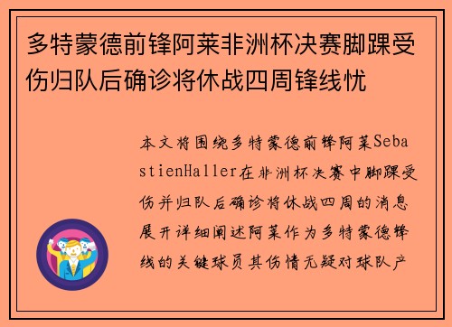 多特蒙德前锋阿莱非洲杯决赛脚踝受伤归队后确诊将休战四周锋线忧